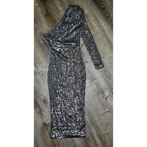 JLUXLABEL Silver Sequin Bodycon One Shoulder Evening Dress Holiday Small‎ New